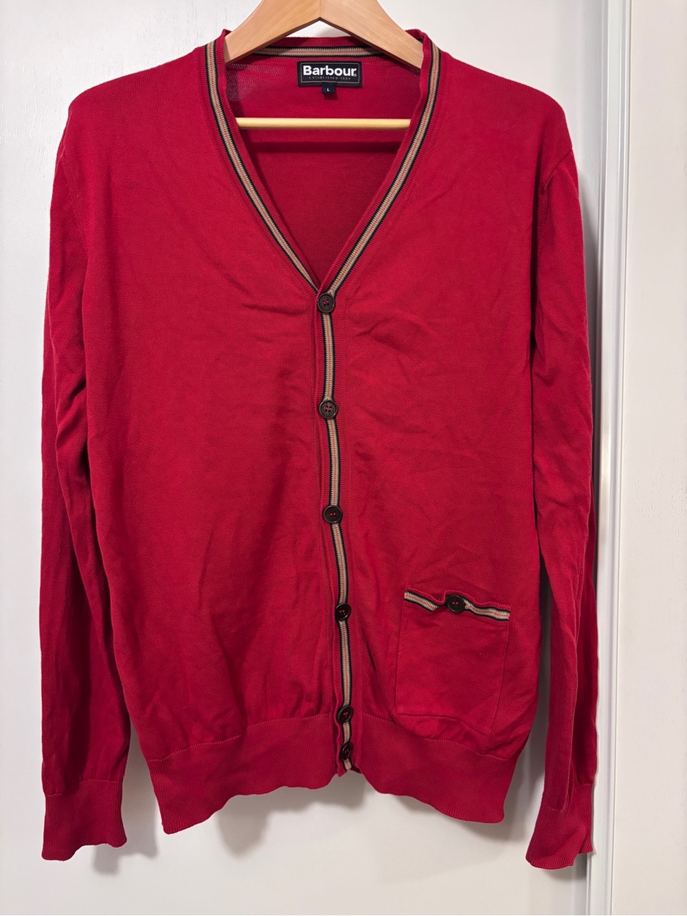 Barbour Mens Cardigan Size Large Stripes Trim Pocket Logo Red Preppy Luxury Rare